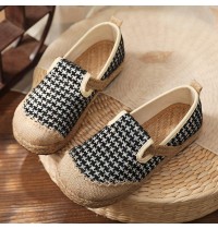 Black Plaid Cotton Linen For Women Splicing Flat Feet Shoes