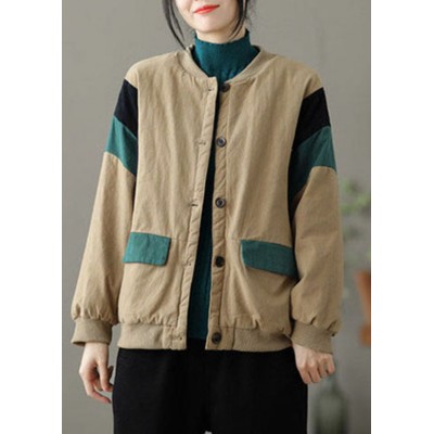 Modern Khaki O-Neck Pockets Patchwork Fine Cotton Filled Jacket Spring