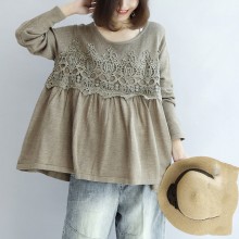 2021 fashion khaki floral knit pullover loose casual o neck sweater