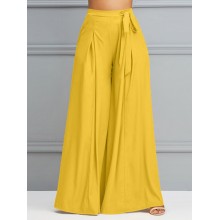 Women Solid Color Tie Waist Casual Swing Pants With Pocket