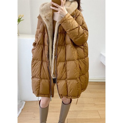 Simple Yellow Hooded Mink Hair Patchwork Duck Down Winter down coat